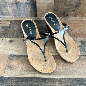 Lauren Ralph Lauren Thong Wedge Sandals Black Sz 8